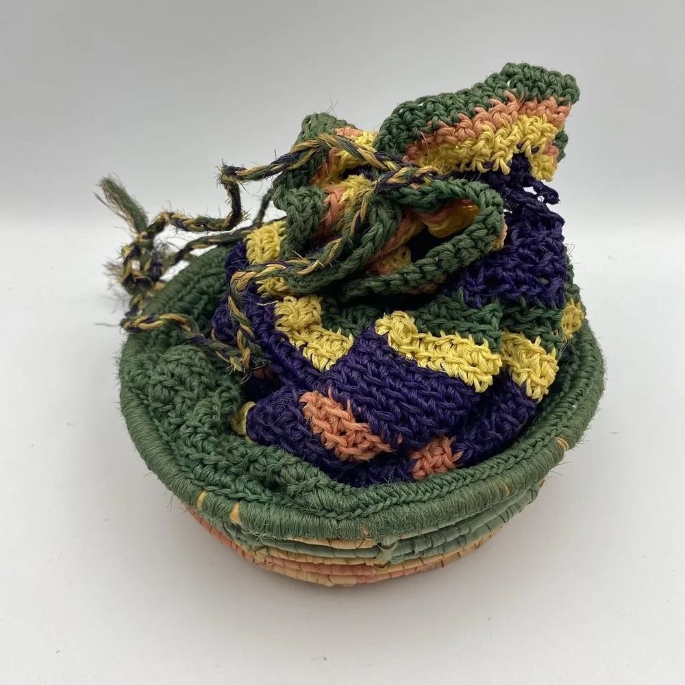 Vintage Woven Crochet‎ Tortilla? Basket Multicolor Drawstring Closure 6
